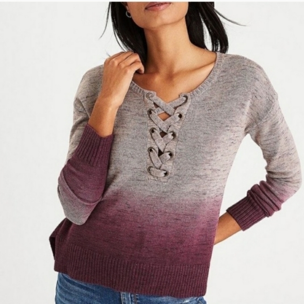 American Eagle Outfitters V-Neck Lace-Up Sweater - Pink Gradient, Size Small